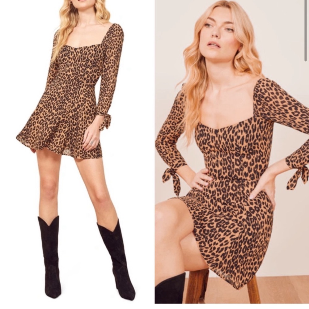 Reformation Beatrice Fit and Flare Leopard Cougar Print Mini Dress Size 2